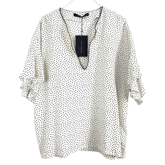 ZARA Ruffle Short-Sleeve Polka Dots Oversized Blouse in White New - Picture 2 of 7